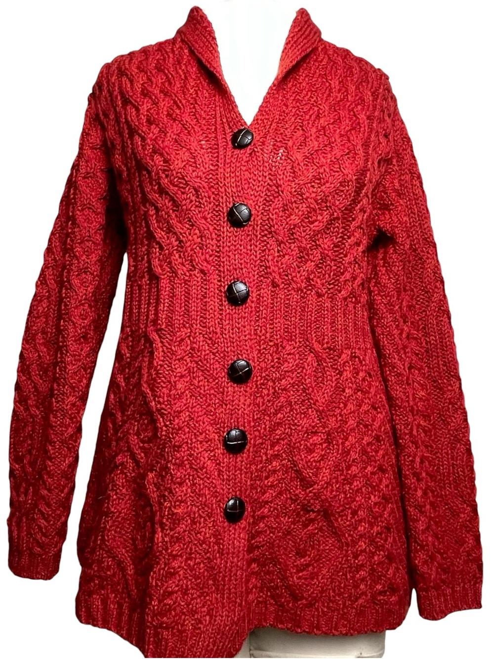 Aran Crafts WMNS Cable Knit Shawl Collar Peplum Sweater Merino Wool Sz XS/Small